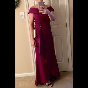 Adrianna Papell off shoulder draped crepe dress.